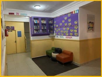 Reading corner with a book cabinet at Ecclesia International School